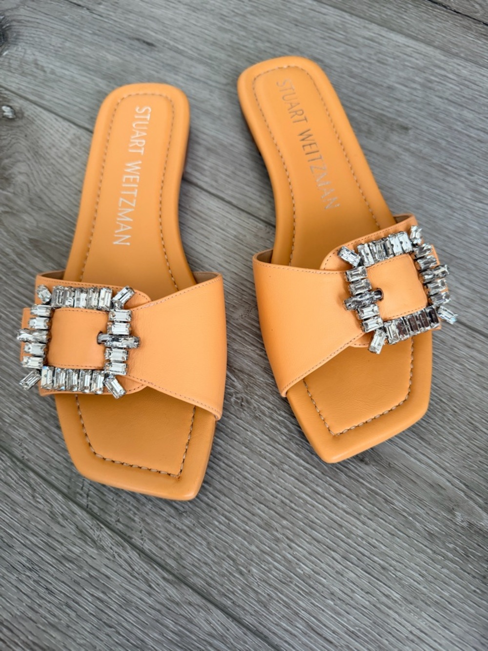 Stuart Weitzman Tangerine Crystal-Buckle Slide Sandals size 7